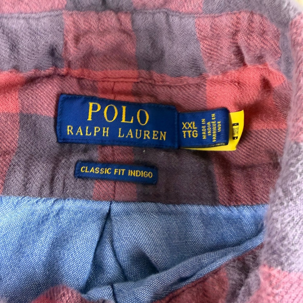 Polo Ralph Lauren Mens XXL Classic Fit Indigo Buffalo Plaid Flannel Shirt Red - Picture 6 of 7